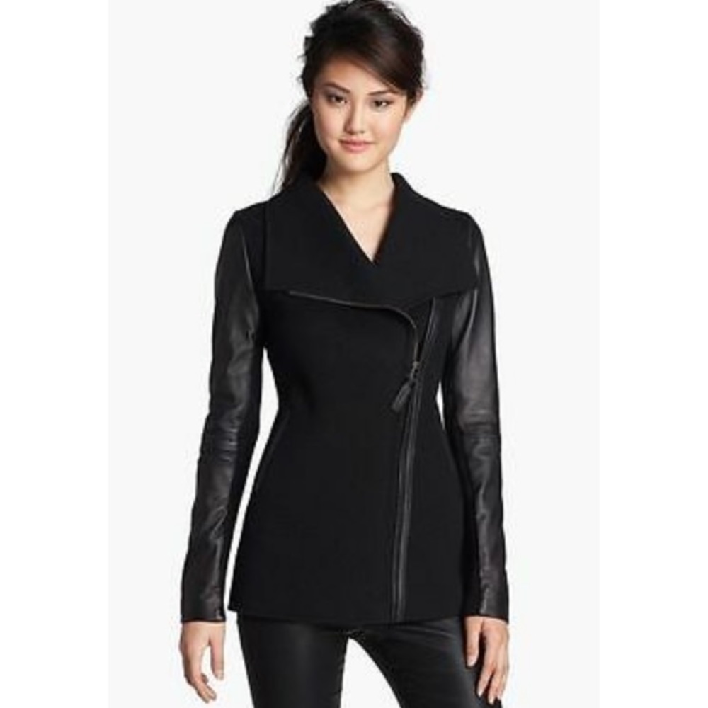 Mackage Asymmetrical Zip Mixed Media Black Coat
